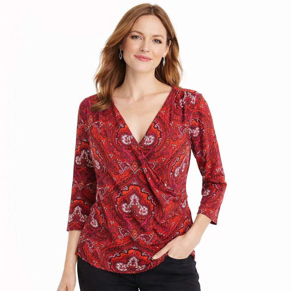 Talbots Womens Petite V Neck 3/4 Sleeve Pink/Orange Paisley Print Top Sz SP